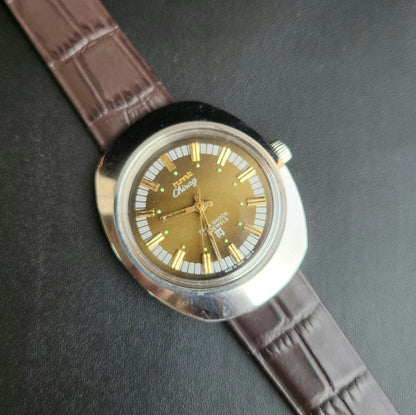 Vintage Original HMT Chirag Hand Winding 17 Jewels Green Face Brown Leather Strap Men's Wrist Watch J101