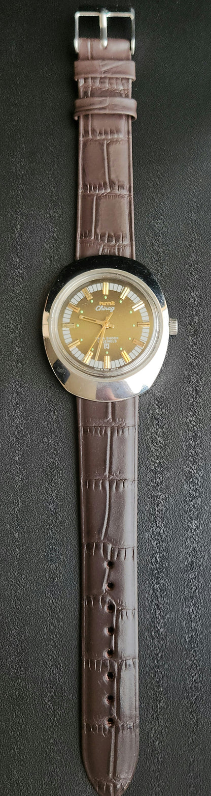 Vintage Original HMT Chirag Hand Winding 17 Jewels Green Face Brown Leather Strap Men's Wrist Watch J101
