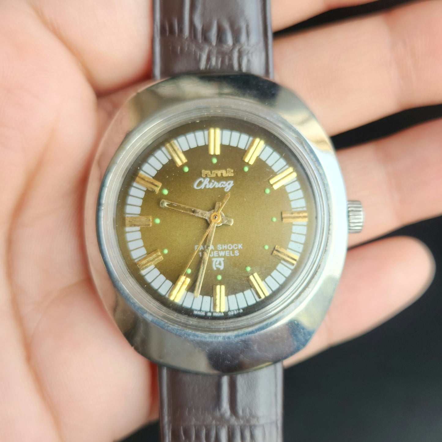 Vintage Original HMT Chirag Hand Winding 17 Jewels Green Face Brown Leather Strap Men's Wrist Watch J101
