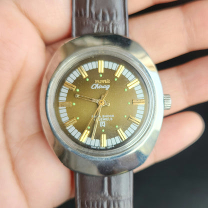 Vintage Original HMT Chirag Hand Winding 17 Jewels Green Face Brown Leather Strap Men's Wrist Watch J101