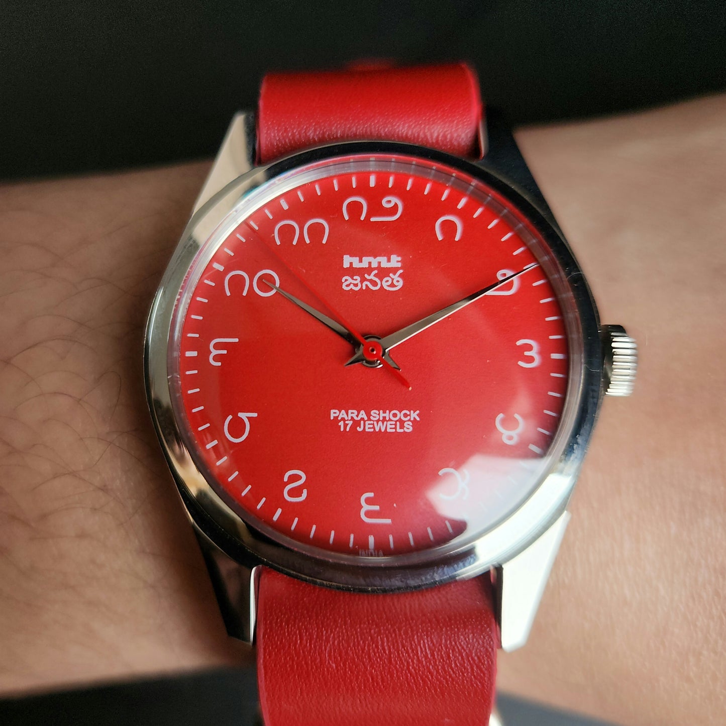 Vintage MOD HMT Janata Telugu Hand Winding 17 Jewels Red Face Red Nato Leather Strap Men's Wrist Watch K12