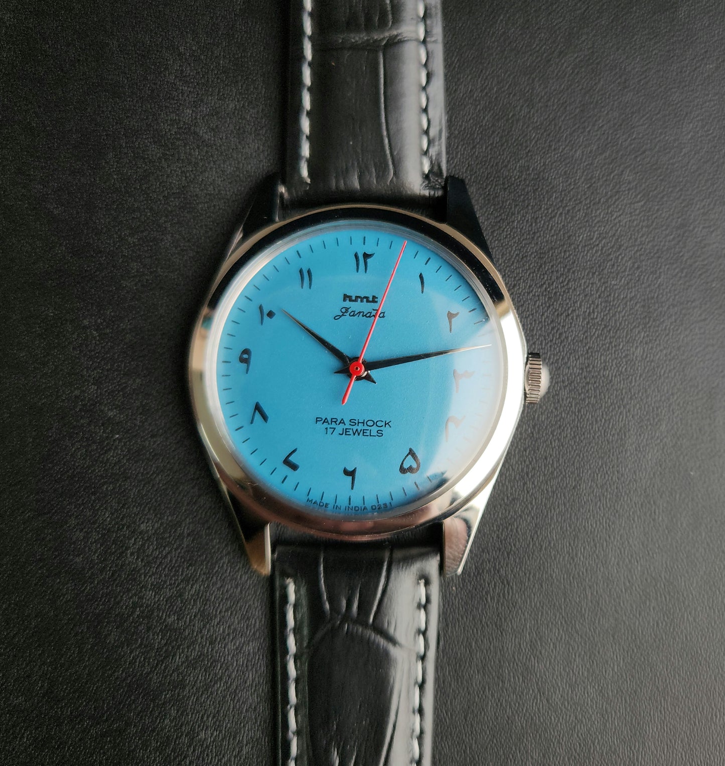 Vintage MOD HMT Janata  Hand Winding 17 Jewels Blue Face Black leather Strap Men's Wrist Watch K22