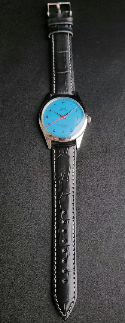 Vintage MOD HMT Janata  Hand Winding 17 Jewels Blue Face Black leather Strap Men's Wrist Watch K22