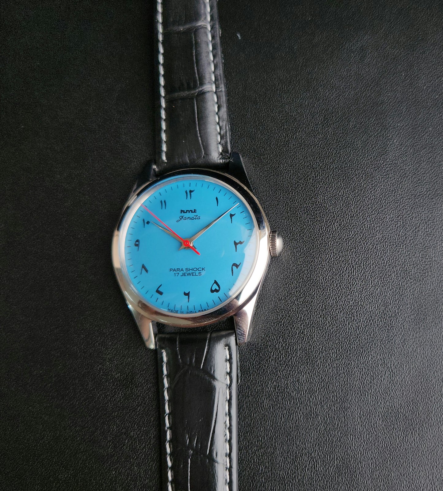 Vintage MOD HMT Janata  Hand Winding 17 Jewels Blue Face Black leather Strap Men's Wrist Watch K22