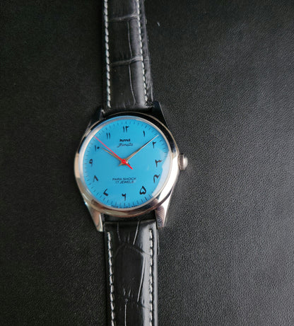 Vintage MOD HMT Janata  Hand Winding 17 Jewels Blue Face Black leather Strap Men's Wrist Watch K22