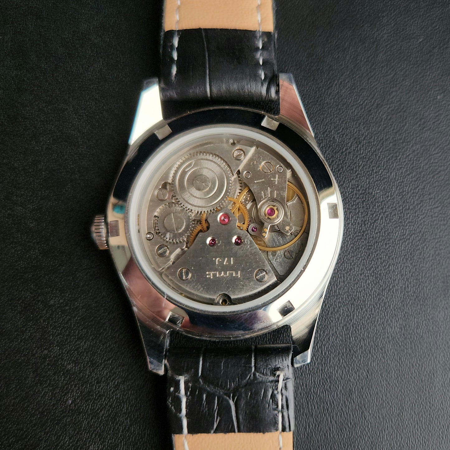 Vintage MOD HMT Janata  Hand Winding 17 Jewels Blue Face Black leather Strap Men's Wrist Watch K22