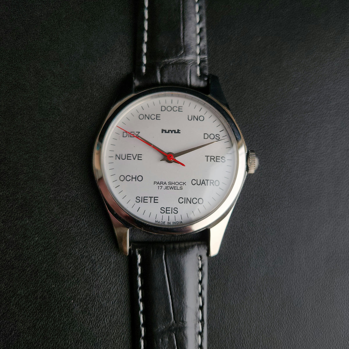 Vintage MOD HMT Spanish Hand Winding 17 Jewels White Face Black leather Strap Men's Wrist Watch K21