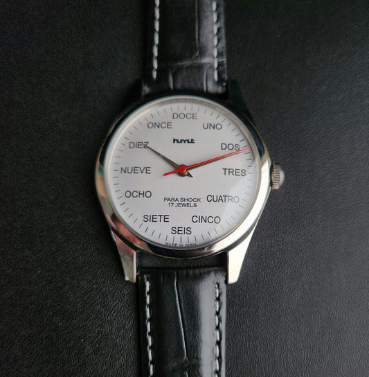 Vintage MOD HMT Spanish Hand Winding 17 Jewels White Face Black leather Strap Men's Wrist Watch K21