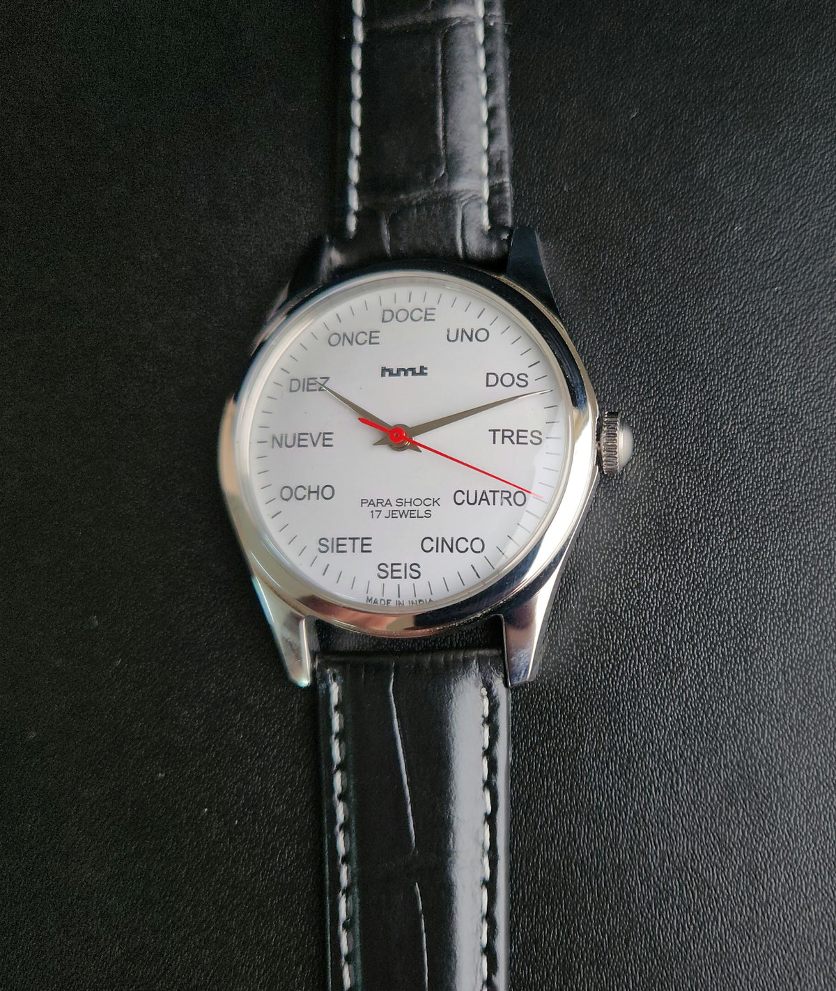 Vintage MOD HMT Spanish Hand Winding 17 Jewels White Face Black leather Strap Men's Wrist Watch K21