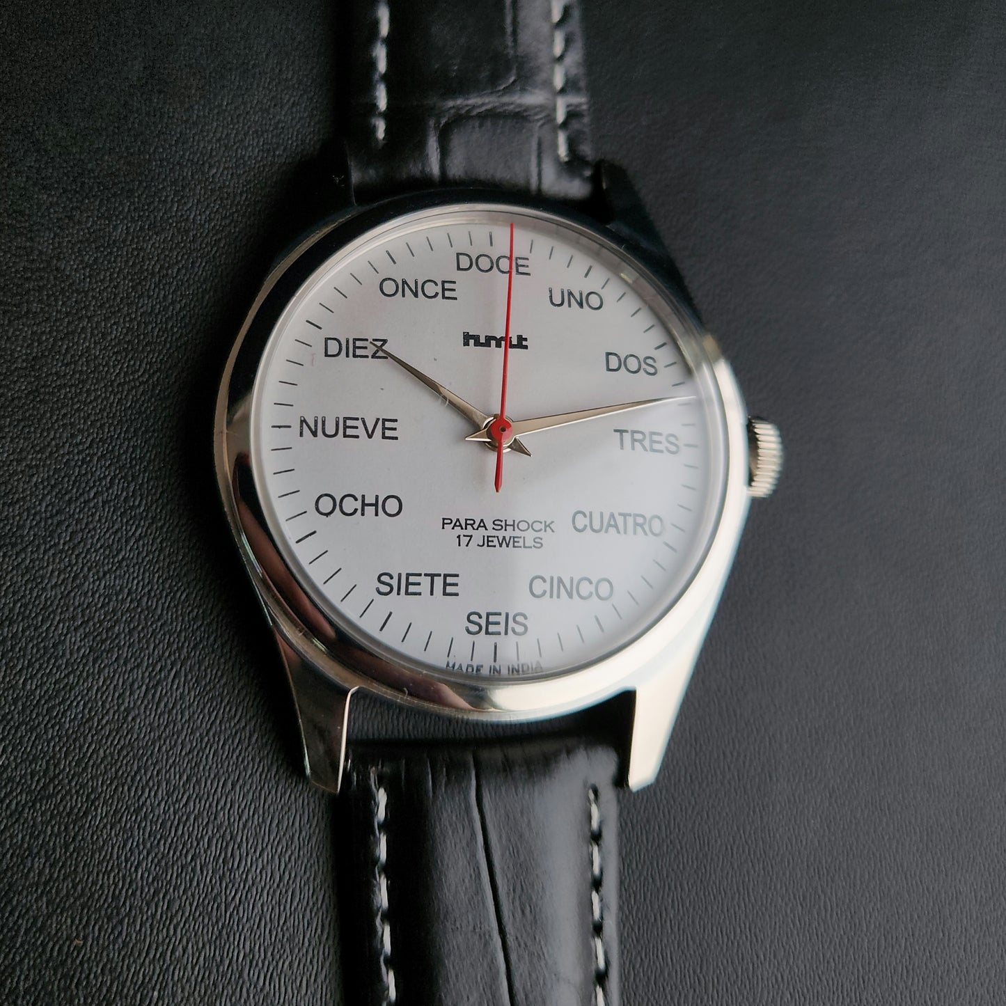 Vintage MOD HMT Spanish Hand Winding 17 Jewels White Face Black leather Strap Men's Wrist Watch K21