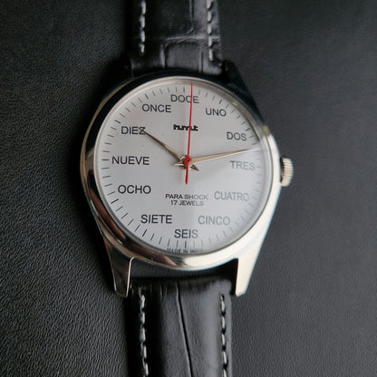 Vintage MOD HMT Spanish Hand Winding 17 Jewels White Face Black leather Strap Men's Wrist Watch K21