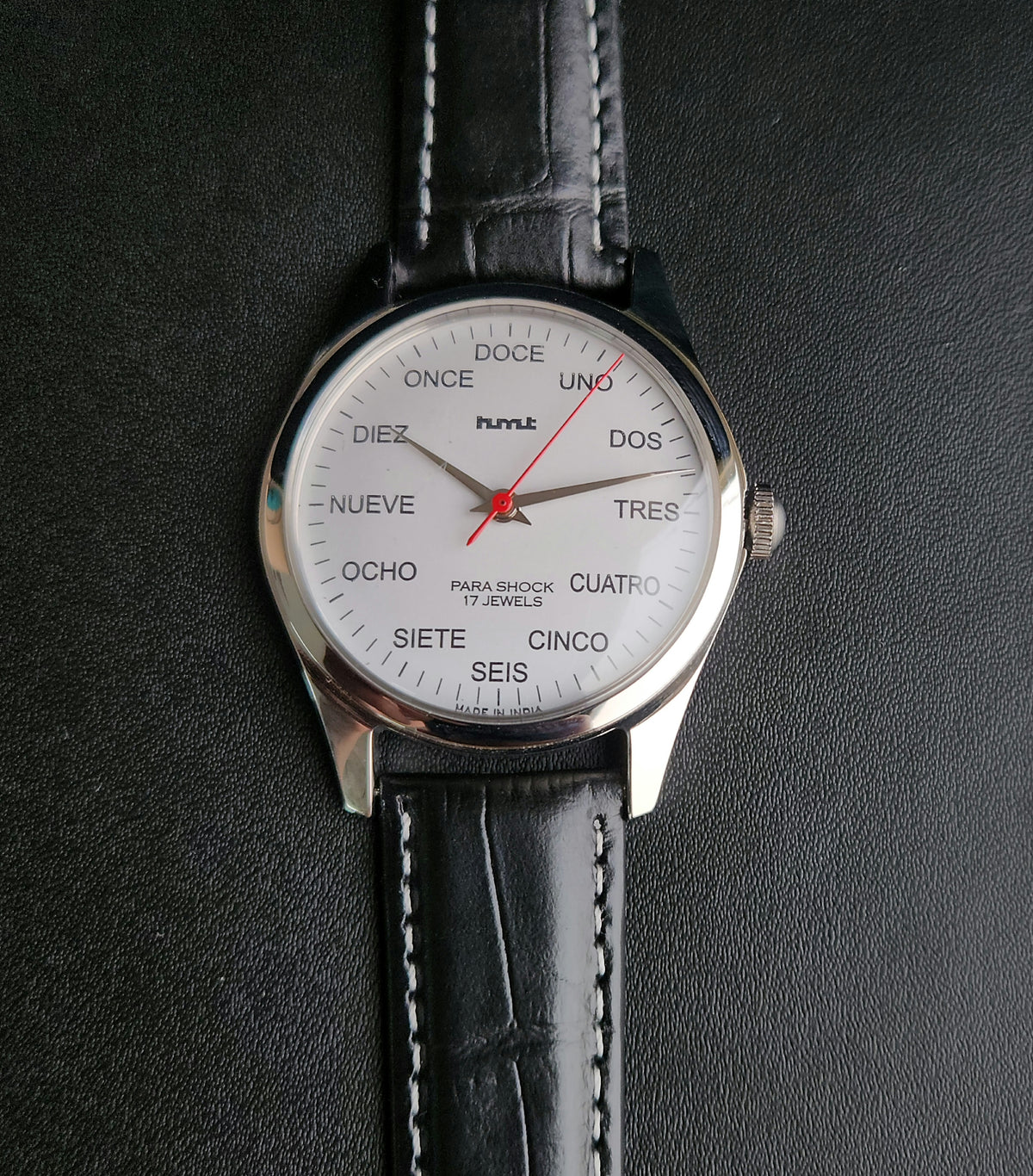 Vintage MOD HMT Spanish Hand Winding 17 Jewels White Face Black leather Strap Men's Wrist Watch K21