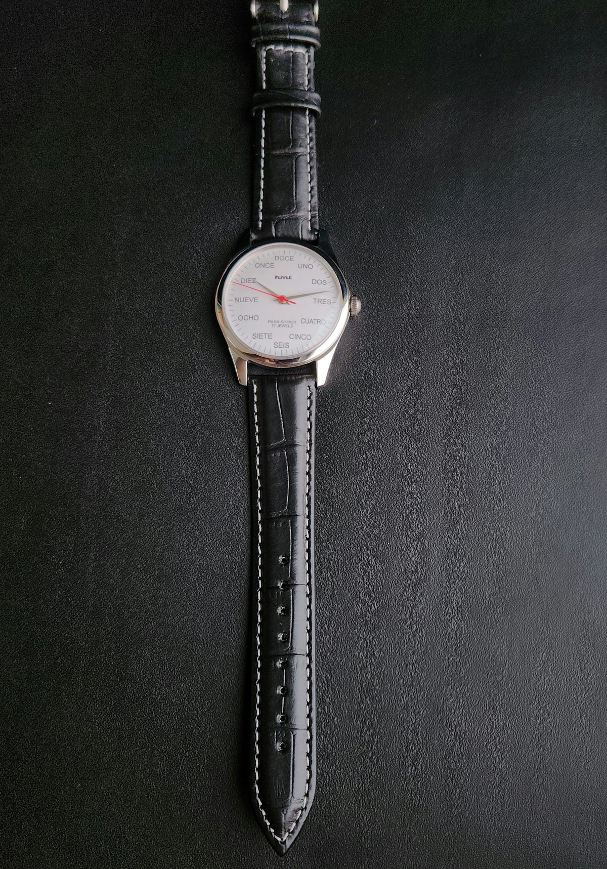 Vintage MOD HMT Spanish Hand Winding 17 Jewels White Face Black leather Strap Men's Wrist Watch K21