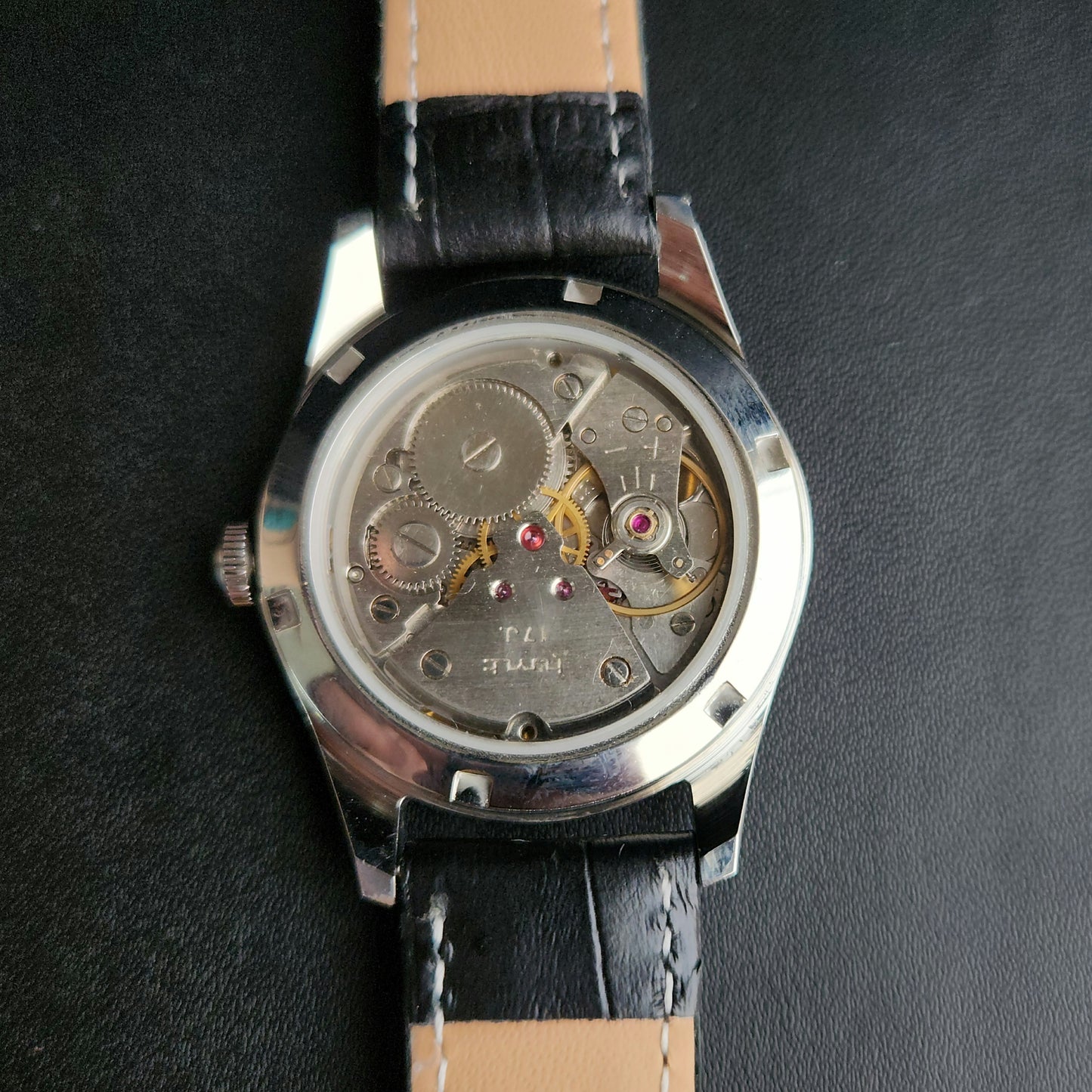 Vintage MOD HMT Spanish Hand Winding 17 Jewels White Face Black leather Strap Men's Wrist Watch K21