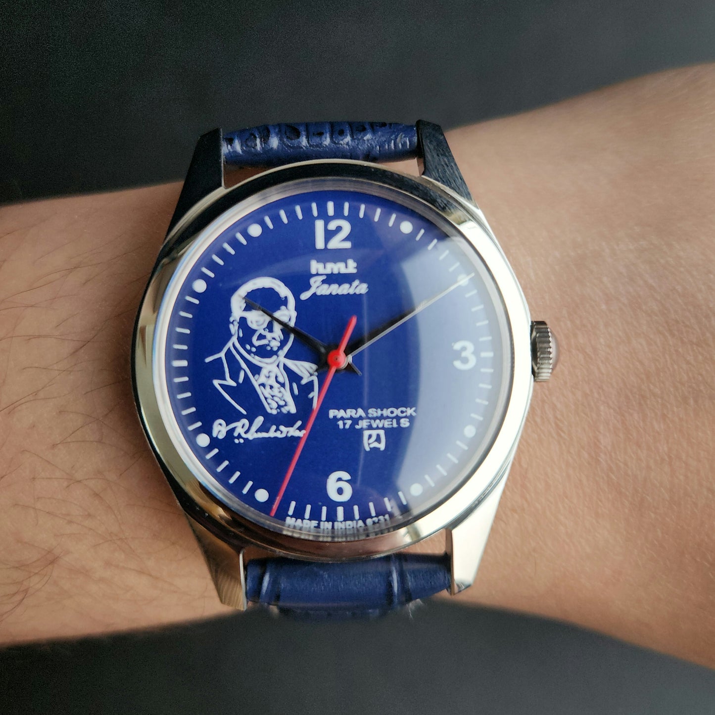 Vintage MOD HMT Janata B.R .Ambedkar Hand Winding 17 Jewels Blue Face Blue Leather Strap Men's Wrist Watch K17