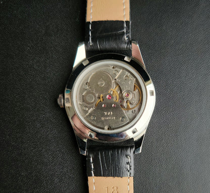 Vintage MOD HMT Janata Telugu Hand Winding 17 Jewels Black Face Black Leather Strap Men's Wrist Watch K08