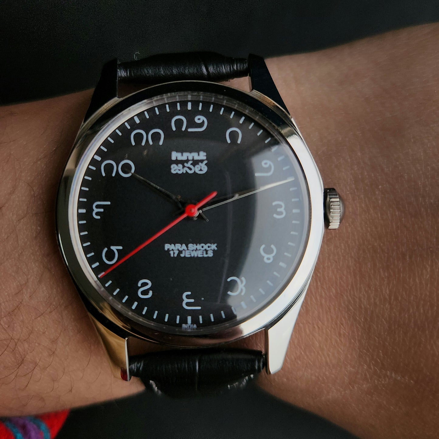 Vintage MOD HMT Janata Telugu Hand Winding 17 Jewels Black Face Black Leather Strap Men's Wrist Watch K08