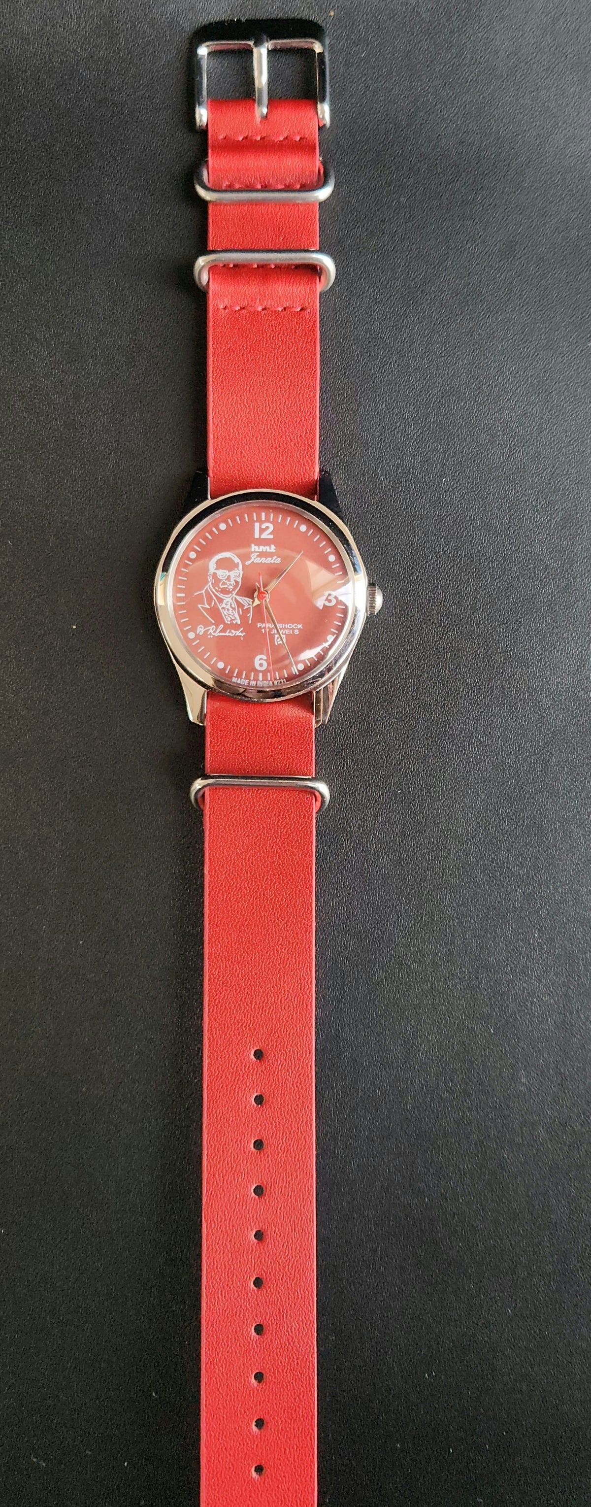 Vintage MOD HMT Janata B.R .Ambedkar Hand Winding 17 Jewels Red Face Red Nato Leather Strap Men's Wrist Watch K18