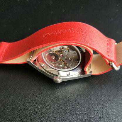 Vintage MOD HMT Janata Telugu Hand Winding 17 Jewels Red Face Red Nato Leather Strap Men's Wrist Watch K12