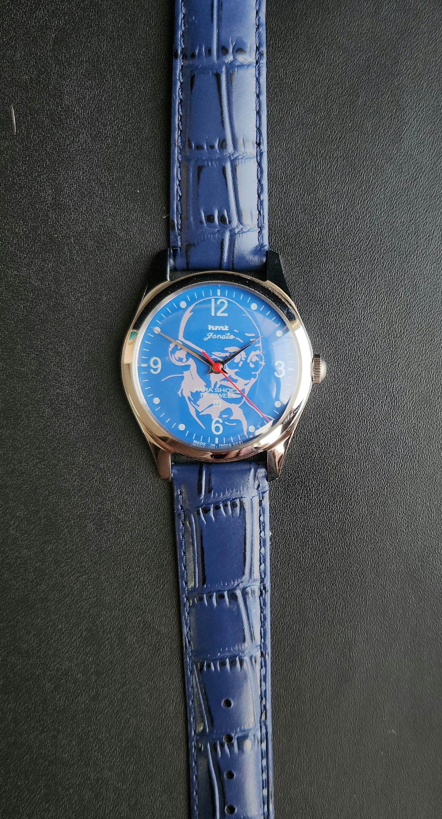 Vintage MOD HMT Janata Gandhi Hand Winding 17 Jewels Blue Face Blue Leather Strap Men's Wrist Watch K20