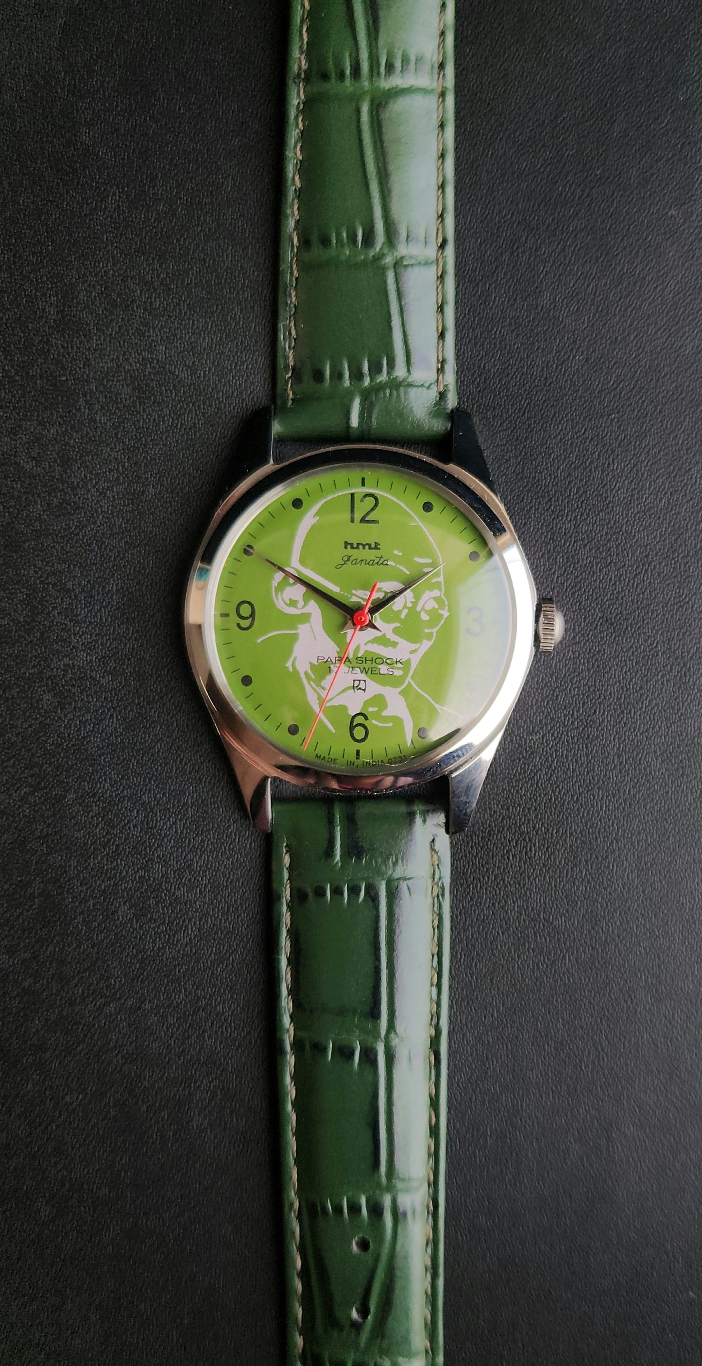 Vintage MOD HMT Janata Gandhi Hand Winding 17 Jewels Green Face Green Leather Strap Men's Wrist Watch K19
