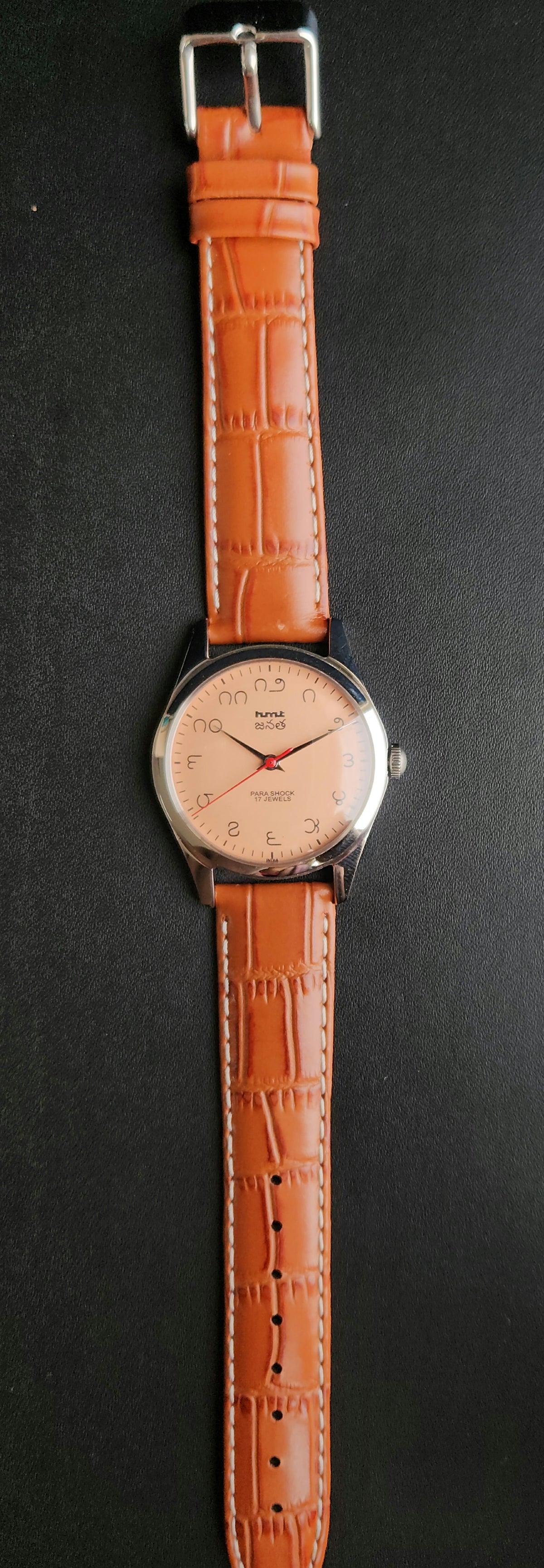 Vintage MOD HMT Janata Telugu Hand Winding 17 Jewels Peach Face Tan Leather Strap Men's Wrist Watch K10