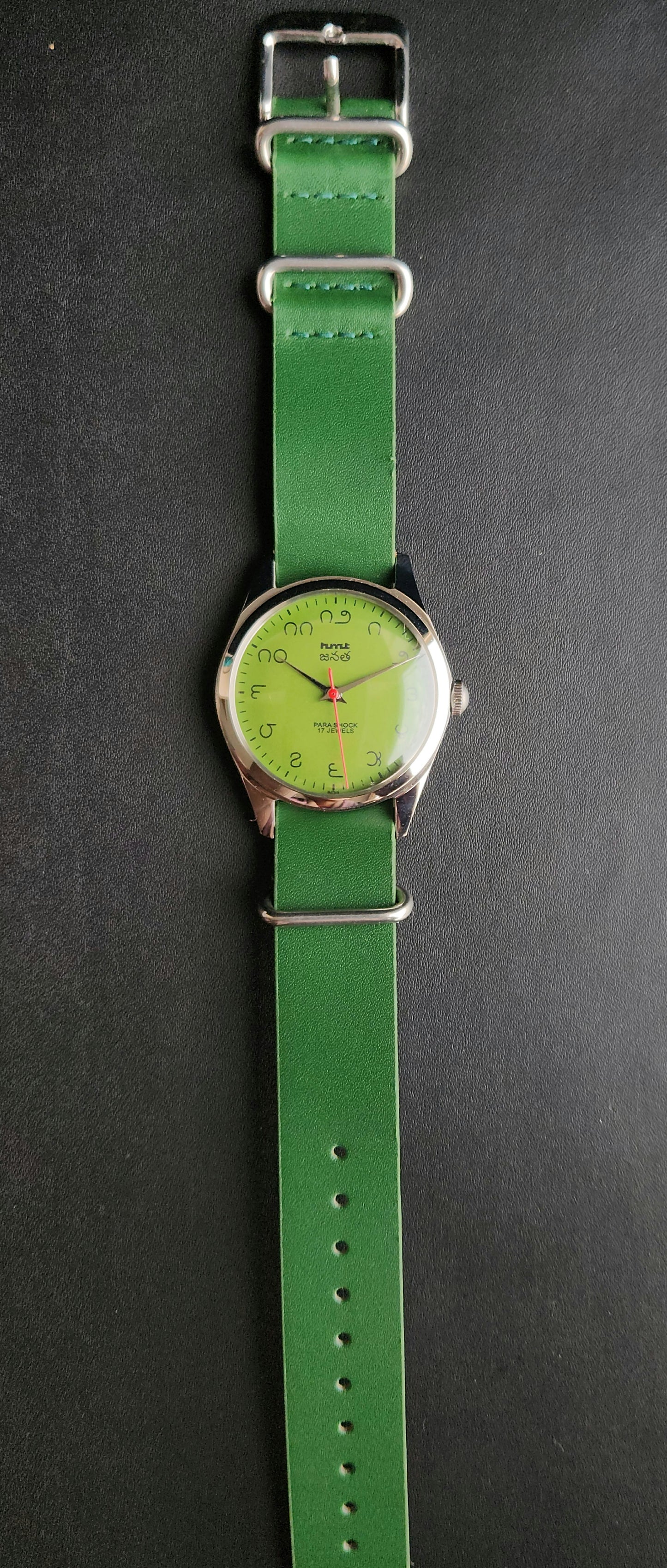 Vintage MOD HMT Janata Telugu Hand Winding 17 Jewels Green Face Green Nato Leather Strap Men's Wrist Watch K11