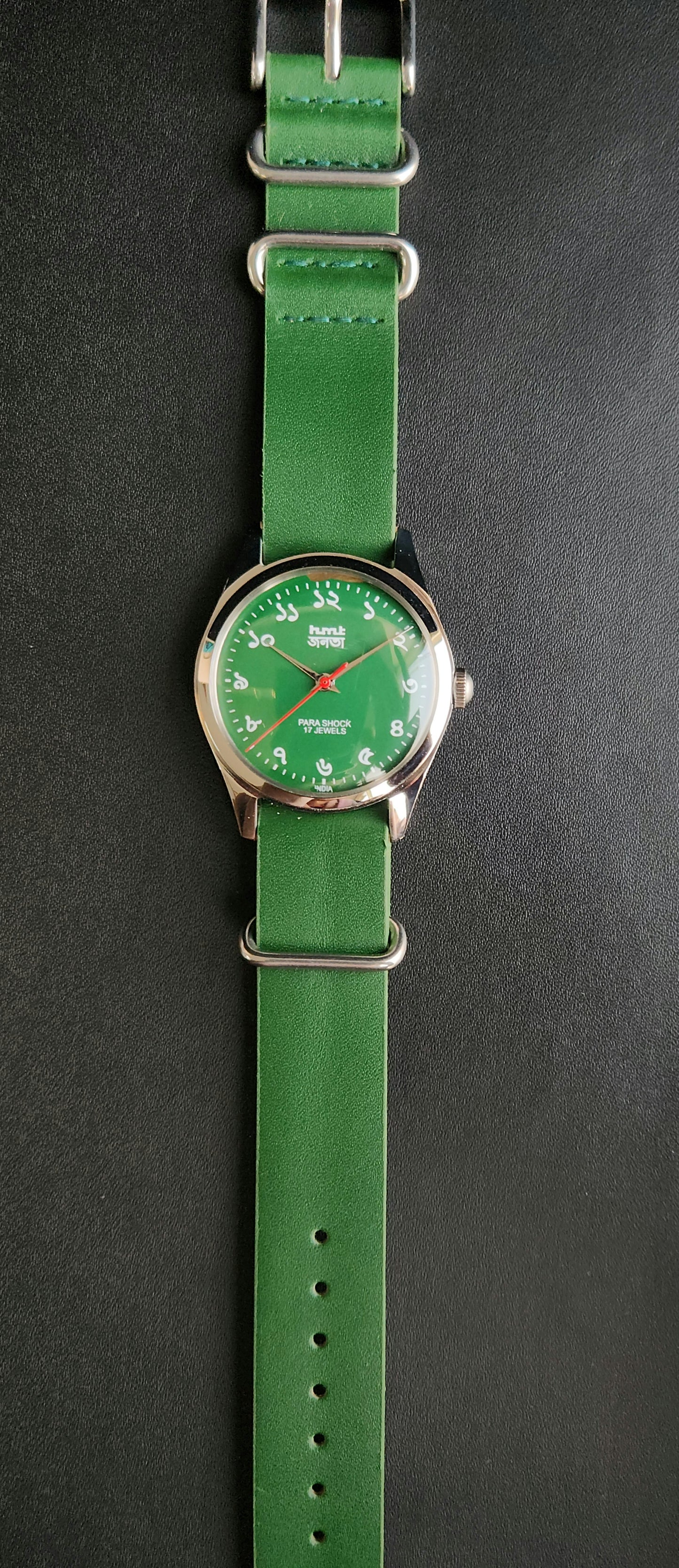 Vintage MOD HMT Janata Bangla Hand Winding 17 Jewels Green Face Green Nato Leather Strap Men's Wrist Watch K13