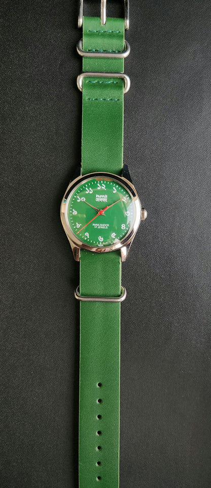 Vintage MOD HMT Janata Bangla Hand Winding 17 Jewels Green Face Green Nato Leather Strap Men's Wrist Watch K13