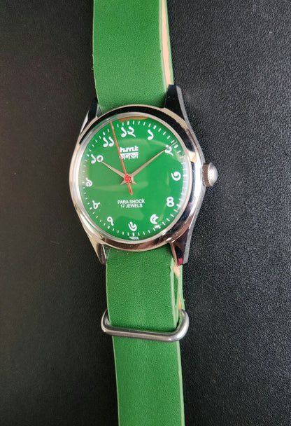 Vintage MOD HMT Janata Bangla Hand Winding 17 Jewels Green Face Green Nato Leather Strap Men's Wrist Watch K13
