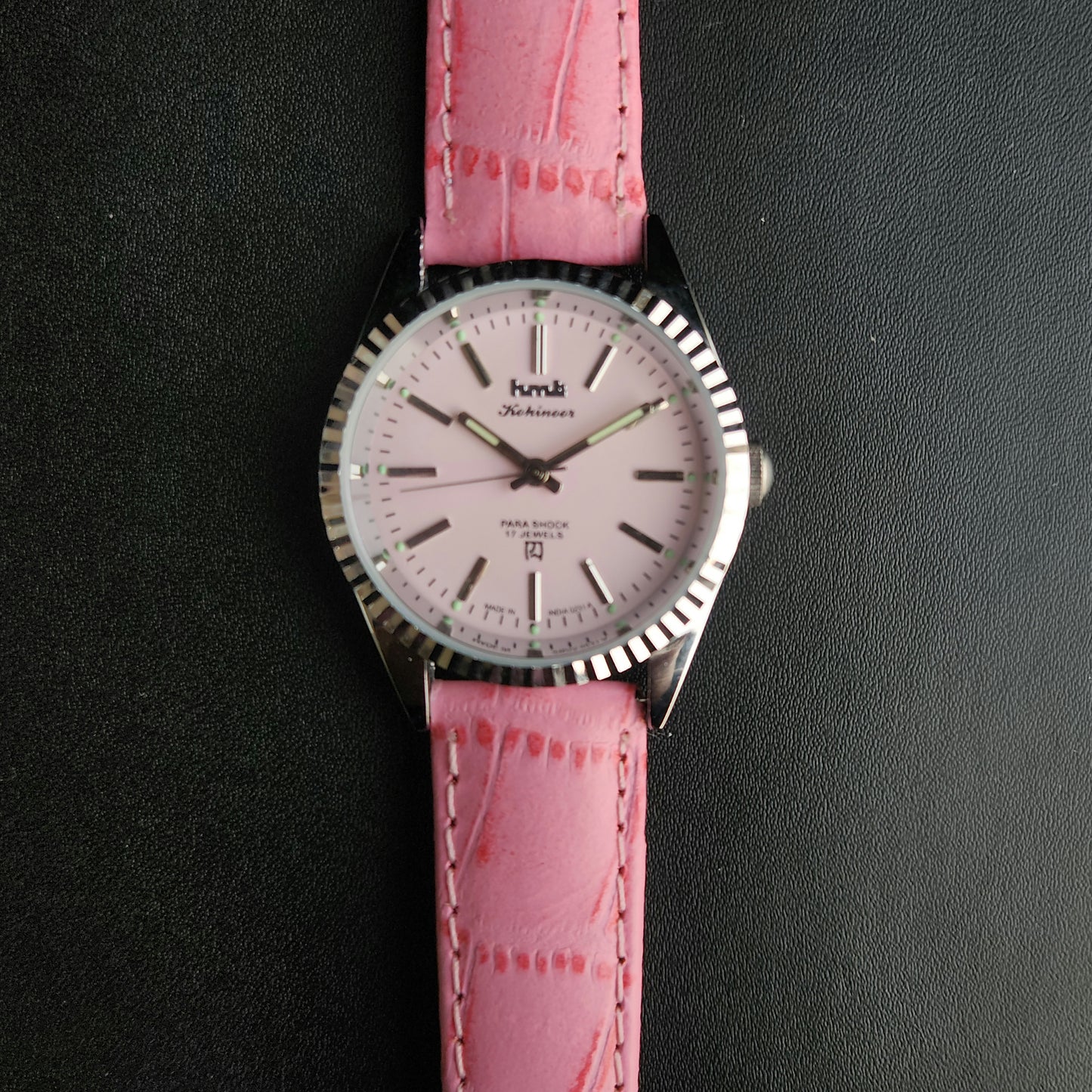 Vintage MOD HMT Kohinoor Hand Winding 17 Jewels Pink Face Pink Leather Strap Men's Wrist Watch K20