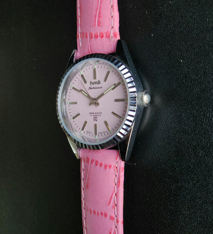 Vintage MOD HMT Kohinoor Hand Winding 17 Jewels Pink Face Pink Leather Strap Men's Wrist Watch K20