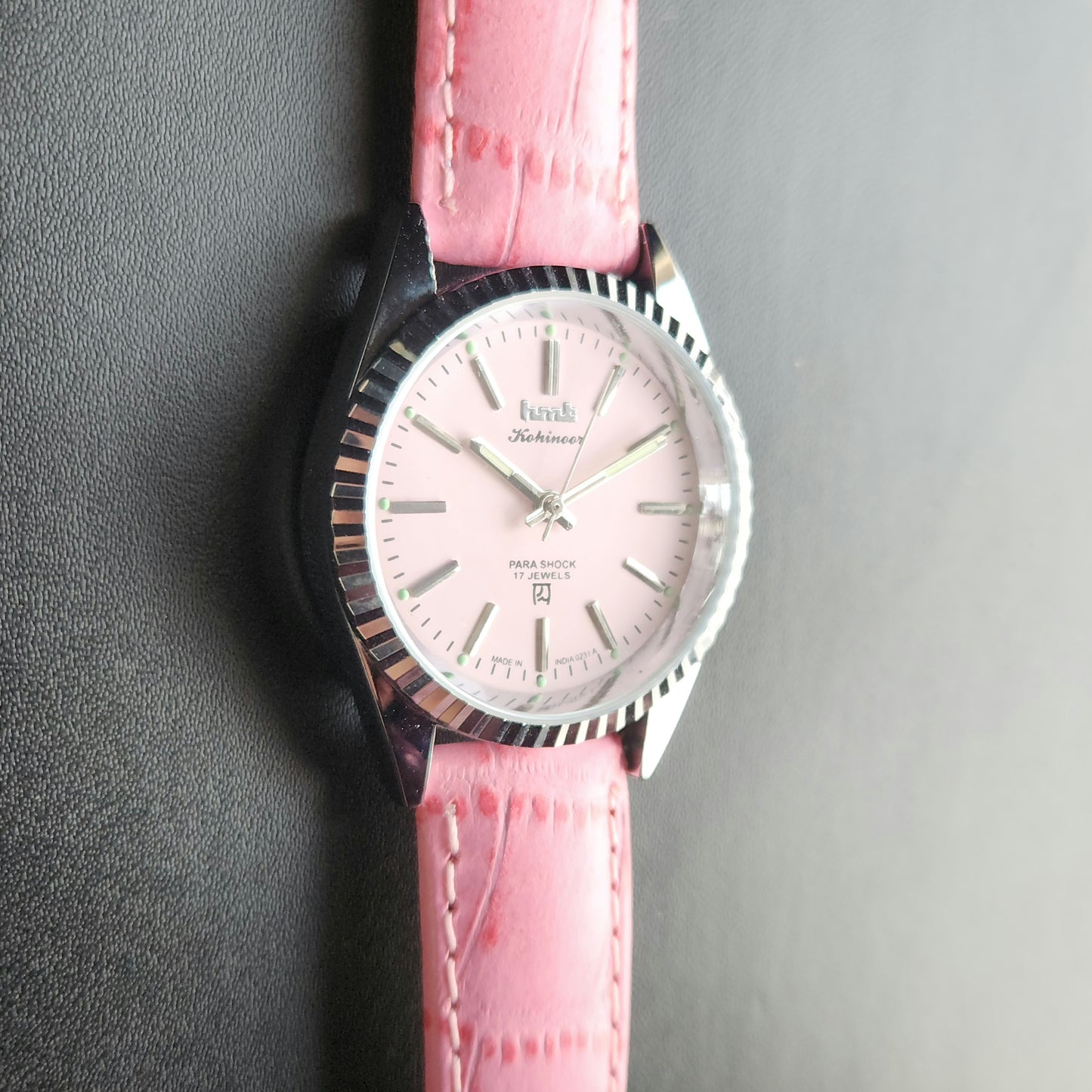 Vintage MOD HMT Kohinoor Hand Winding 17 Jewels Pink Face Pink Leather Strap Men's Wrist Watch K20