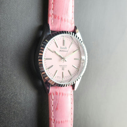 Vintage MOD HMT Kohinoor Hand Winding 17 Jewels Pink Face Pink Leather Strap Men's Wrist Watch K20