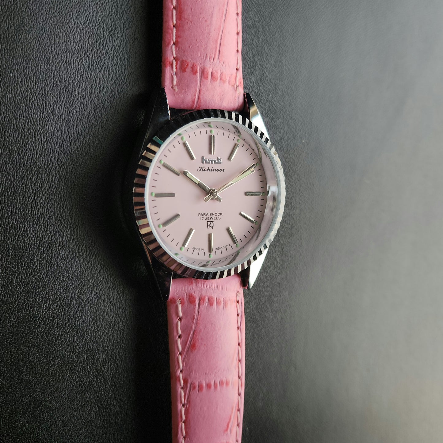Vintage MOD HMT Kohinoor Hand Winding 17 Jewels Pink Face Pink Leather Strap Men's Wrist Watch K20