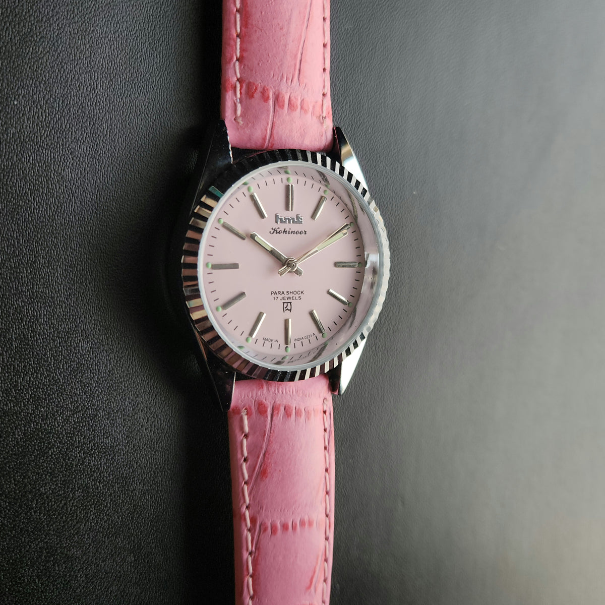 Vintage MOD HMT Kohinoor Hand Winding 17 Jewels Pink Face Pink Leather Strap Men's Wrist Watch K20