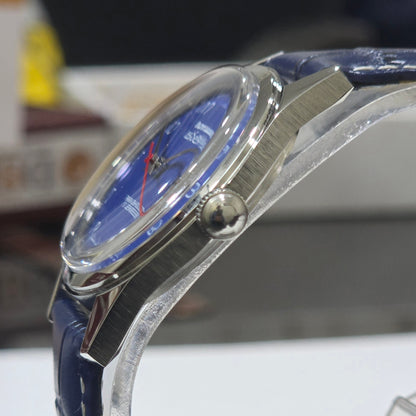 Vintage MOD HMT Janata Telugu Hand Winding 17 Jewels Blue Face Blue Leather Strap Men's Wrist Watch K09