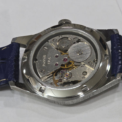 Vintage MOD HMT Janata Telugu Hand Winding 17 Jewels Blue Face Blue Leather Strap Men's Wrist Watch K09