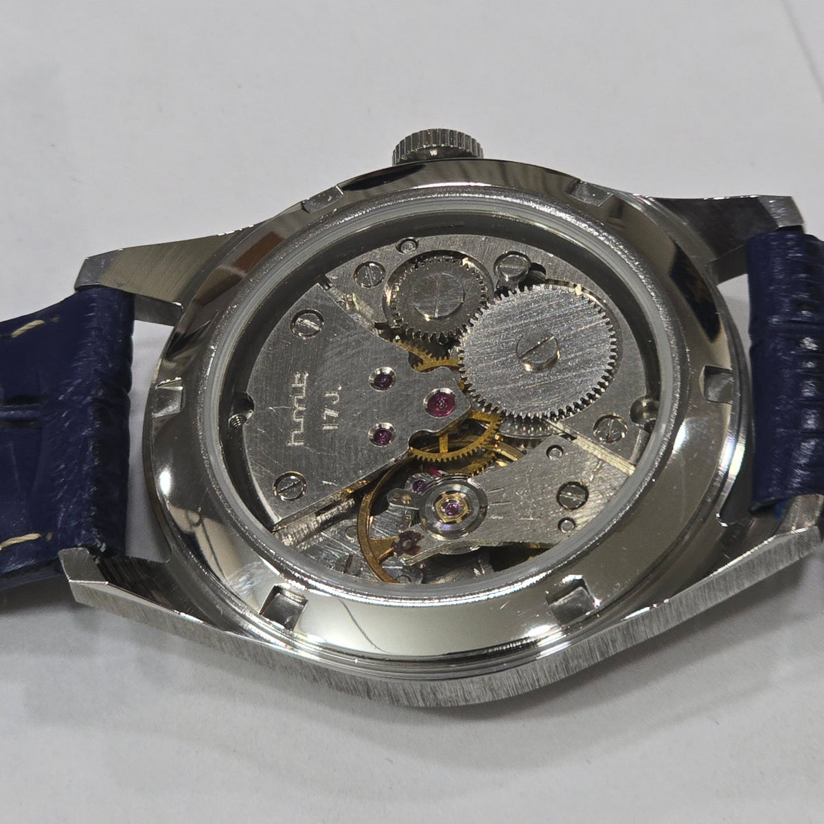 Vintage MOD HMT Janata Telugu Hand Winding 17 Jewels Blue Face Blue Leather Strap Men's Wrist Watch K16