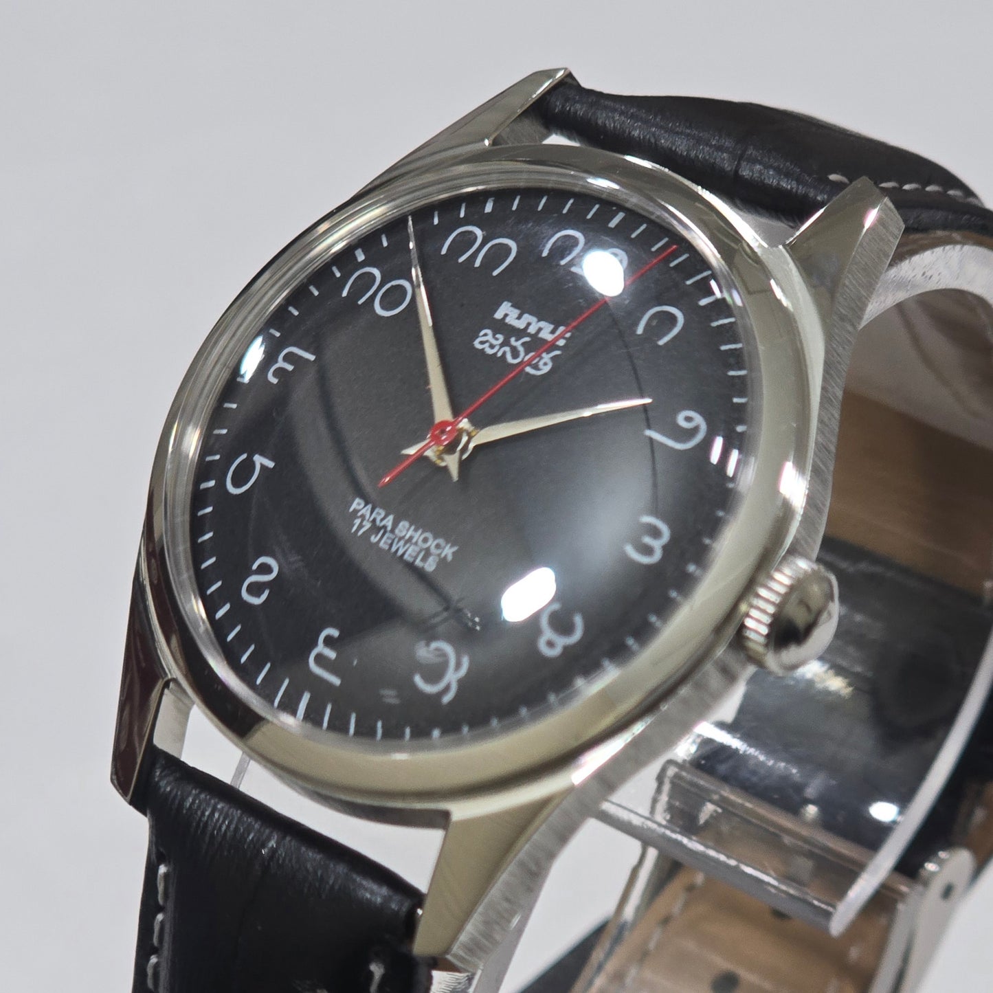 Vintage MOD HMT Janata Telugu Hand Winding 17 Jewels Black Face Black Leather Strap Men's Wrist Watch K08