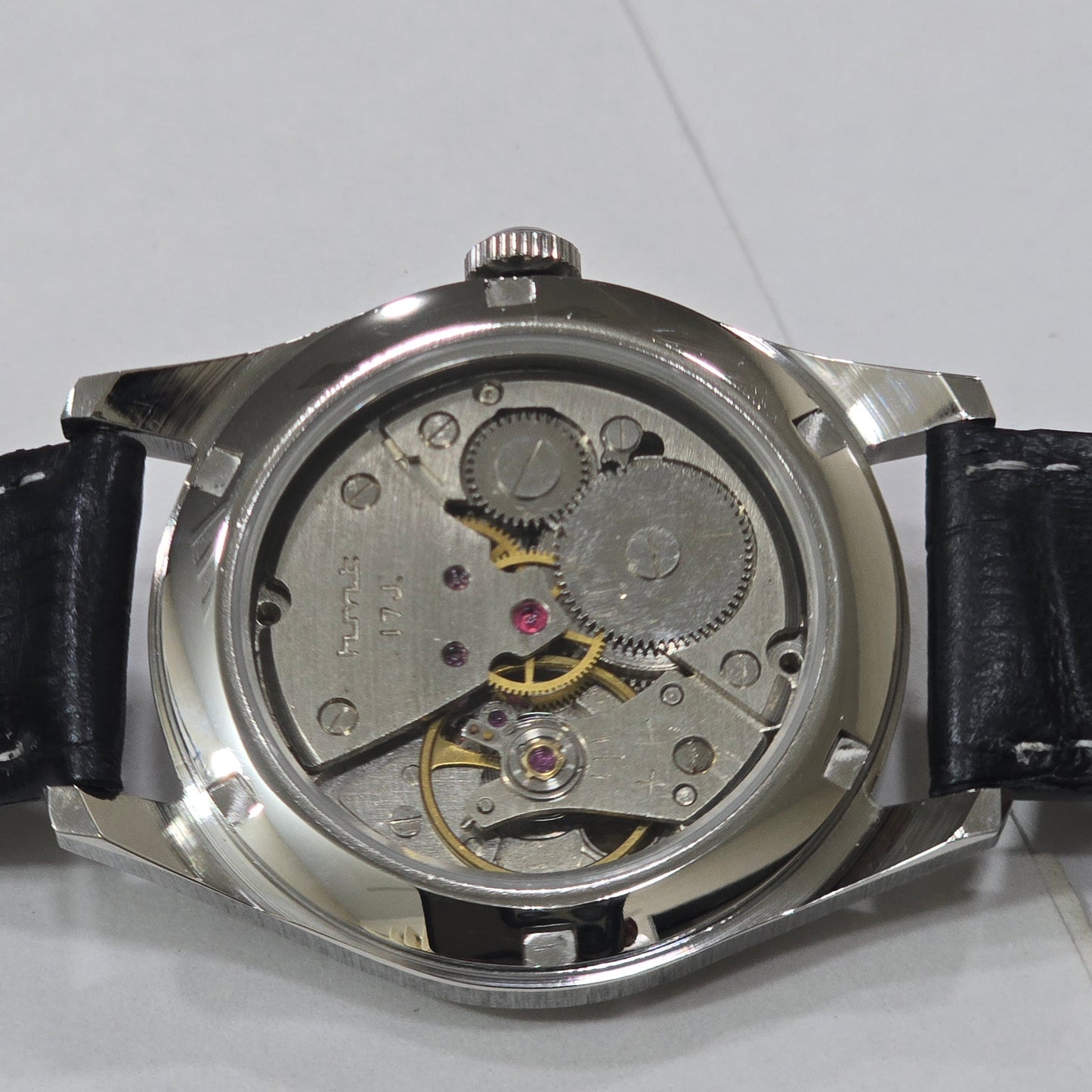 Vintage MOD HMT Janata Telugu Hand Winding 17 Jewels Black Face Black Leather Strap Men's Wrist Watch K08