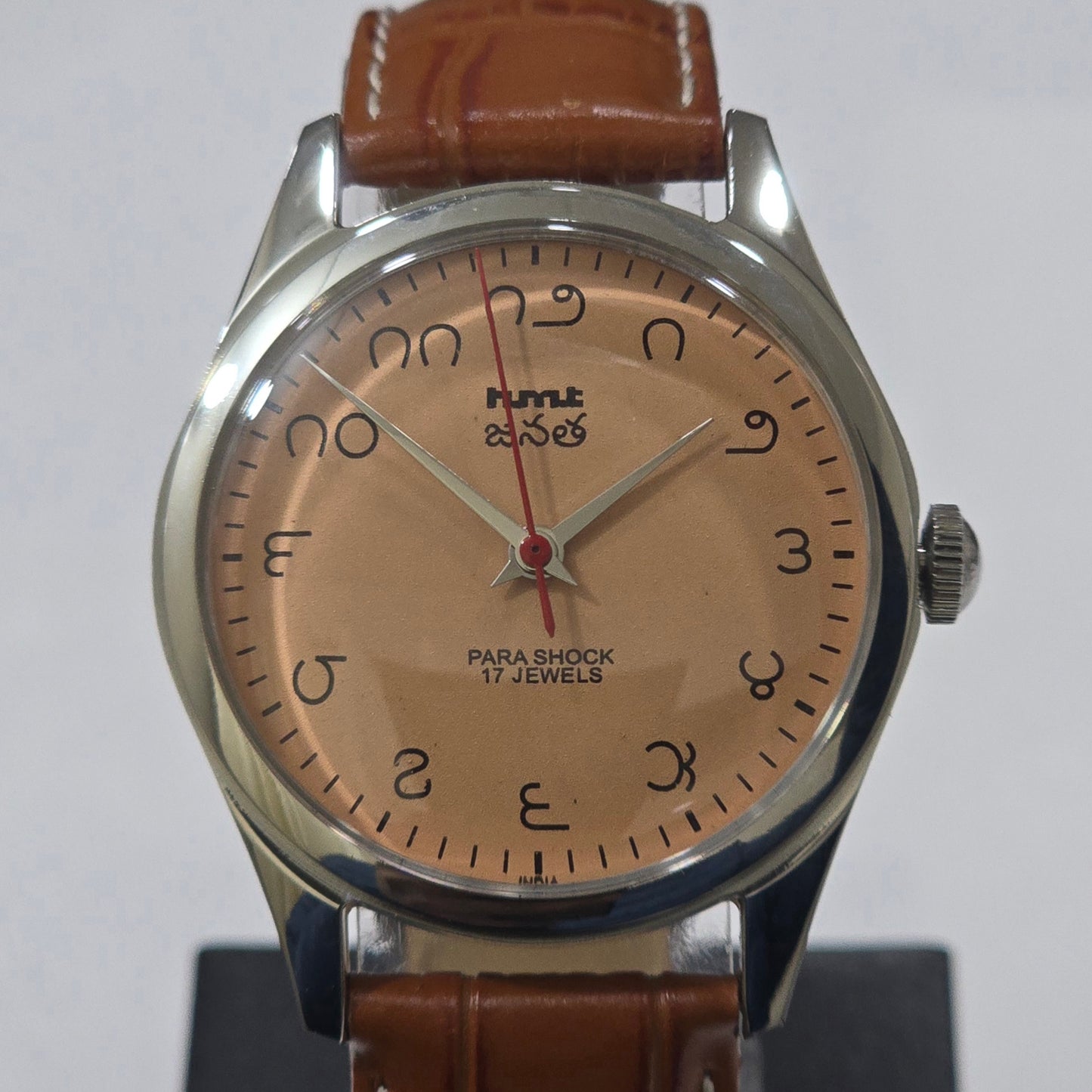Vintage MOD HMT Janata Telugu Hand Winding 17 Jewels Peach Face Tan Leather Strap Men's Wrist Watch K10