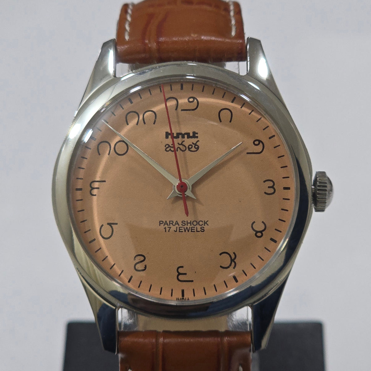Vintage MOD HMT Janata Telugu Hand Winding 17 Jewels Peach Face Tan Leather Strap Men's Wrist Watch K10