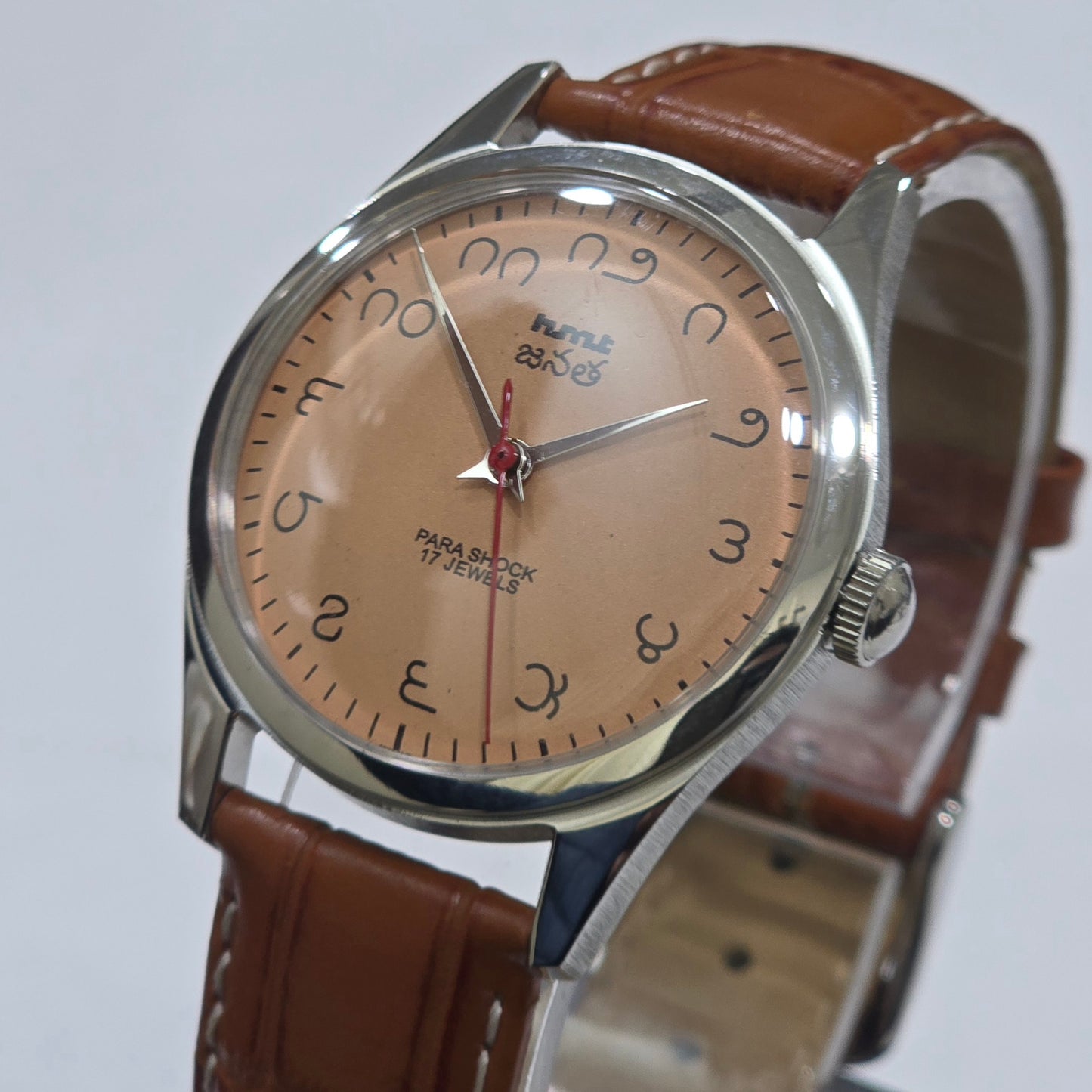 Vintage MOD HMT Janata Telugu Hand Winding 17 Jewels Peach Face Tan Leather Strap Men's Wrist Watch K10