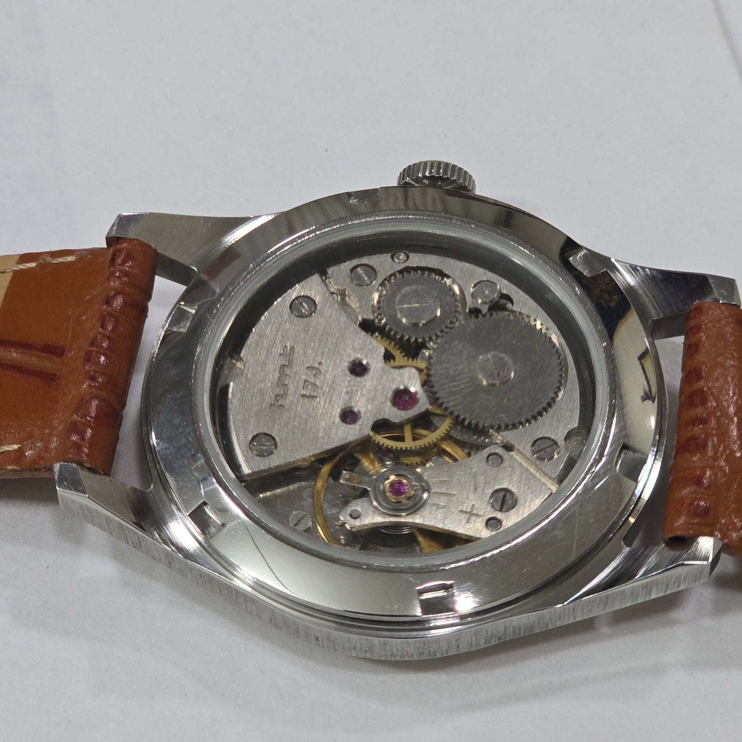 Vintage MOD HMT Janata Telugu Hand Winding 17 Jewels Peach Face Tan Leather Strap Men's Wrist Watch K10