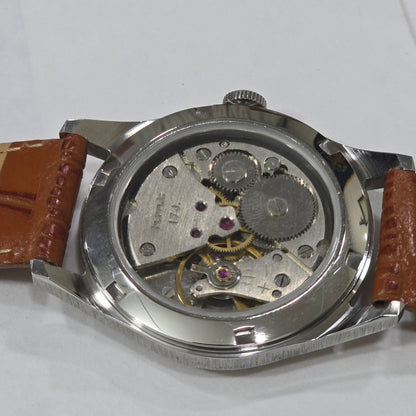 Vintage MOD HMT Janata Telugu Hand Winding 17 Jewels Peach Face Tan Leather Strap Men's Wrist Watch K10