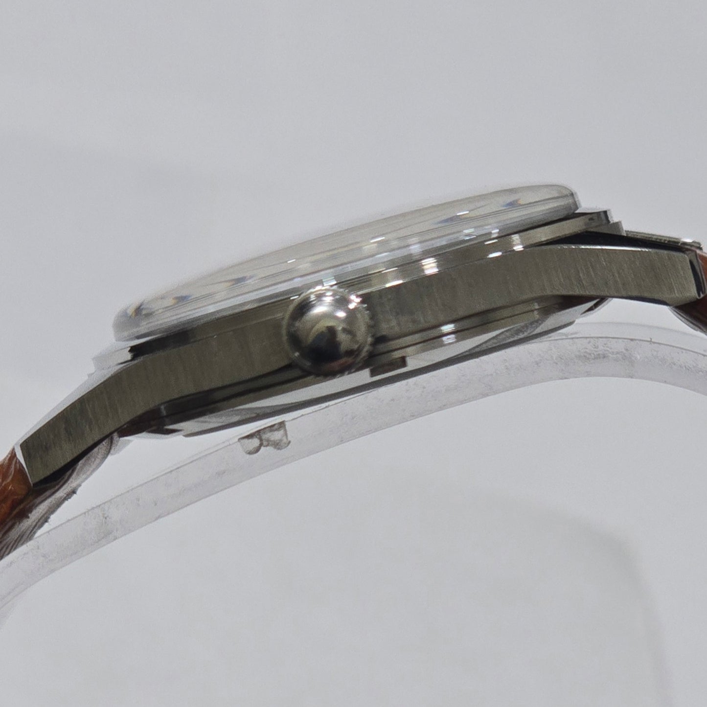 Vintage MOD HMT Janata Telugu Hand Winding 17 Jewels Peach Face Tan Leather Strap Men's Wrist Watch K10