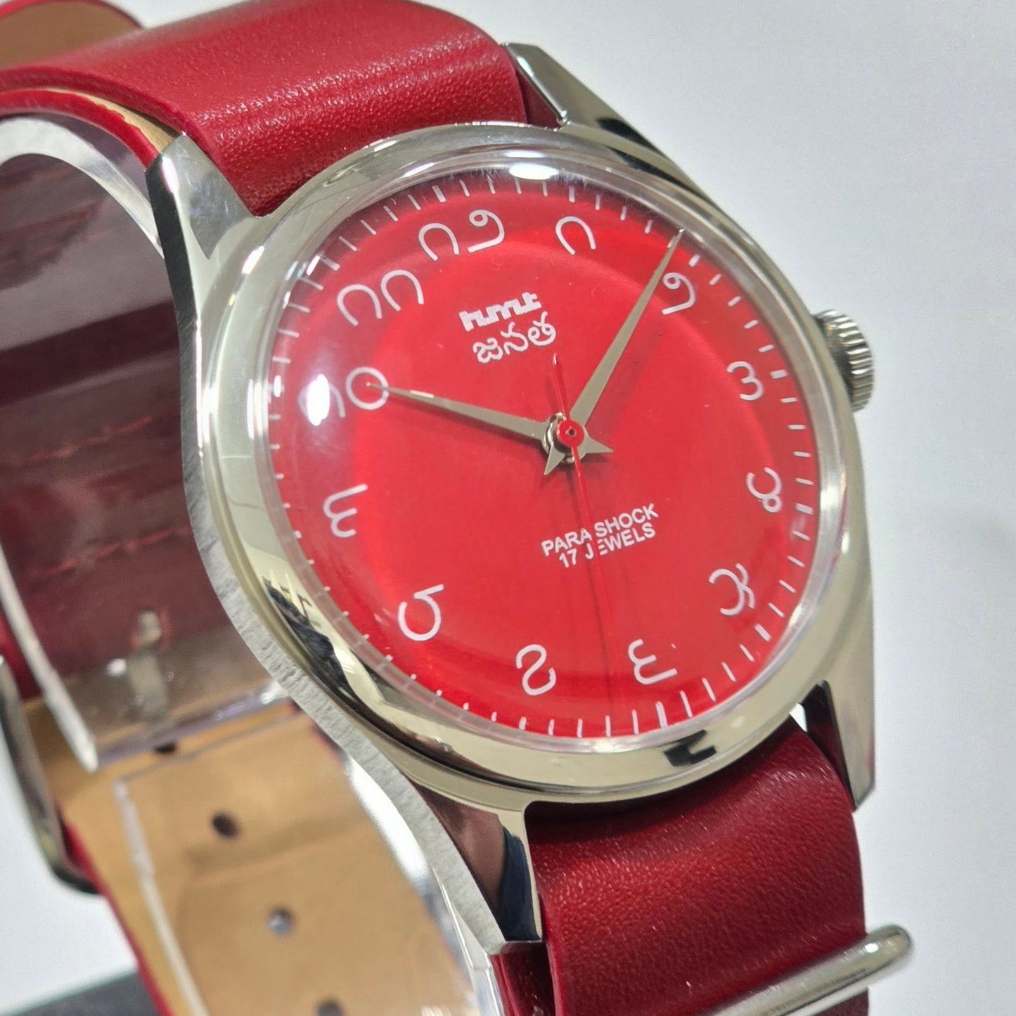 Vintage MOD HMT Janata Telugu Hand Winding 17 Jewels Red Face Red Nato Leather Strap Men's Wrist Watch K12