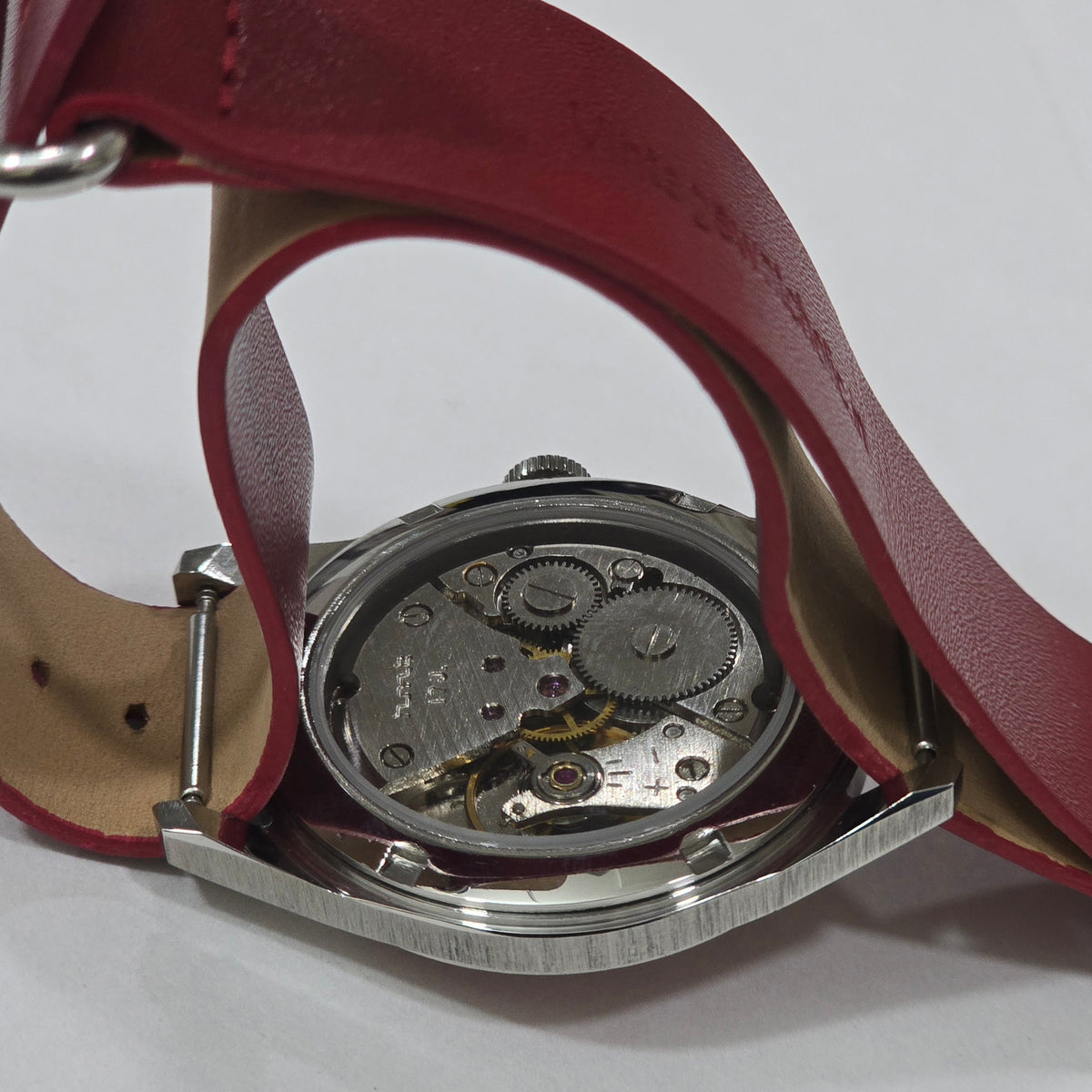 Vintage MOD HMT Janata Telugu Hand Winding 17 Jewels Red Face Red Nato Leather Strap Men's Wrist Watch K12