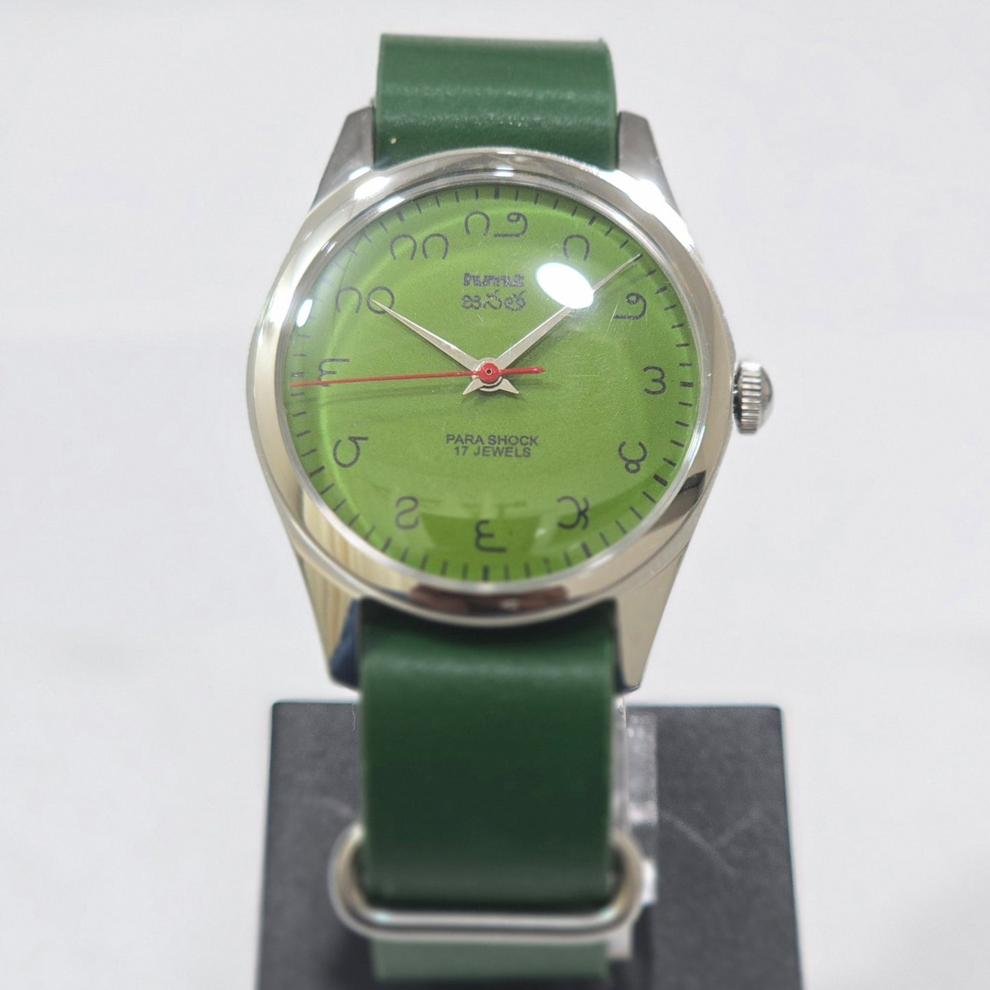 Vintage MOD HMT Janata Telugu Hand Winding 17 Jewels Green Face Green Nato Leather Strap Men's Wrist Watch K11
